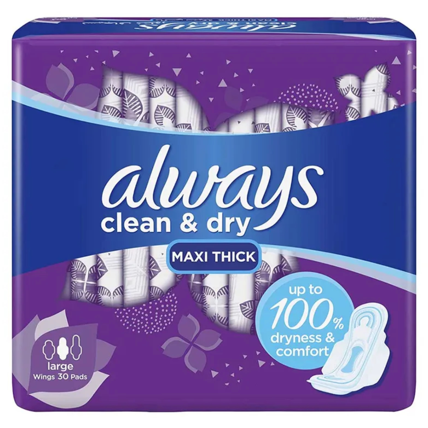 ALWAYS Clean & Dry Maxi Thick Large Sanitary Pads with Wings 30's