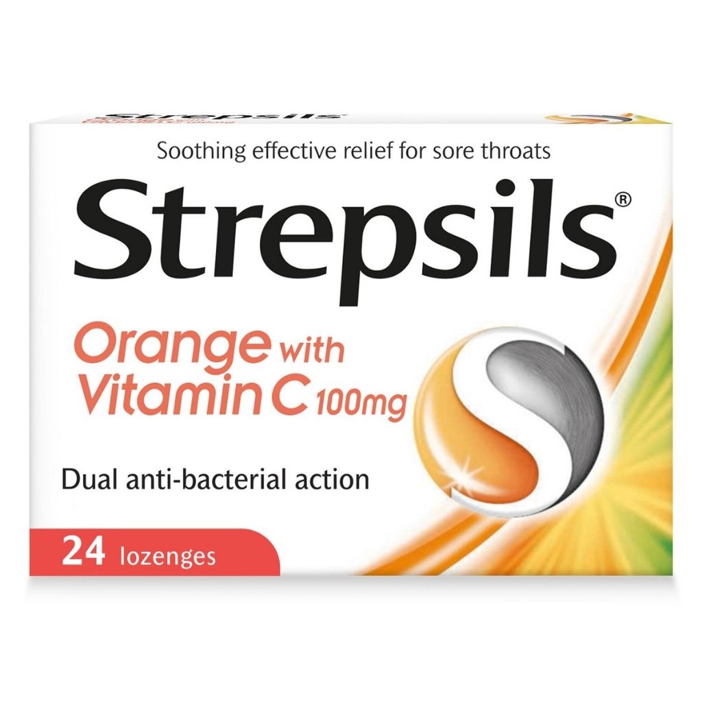 Strepsils Orange with Vitamin C 100 mg,Soothing Effective Relief for Sore Throats, 24 Lozenges