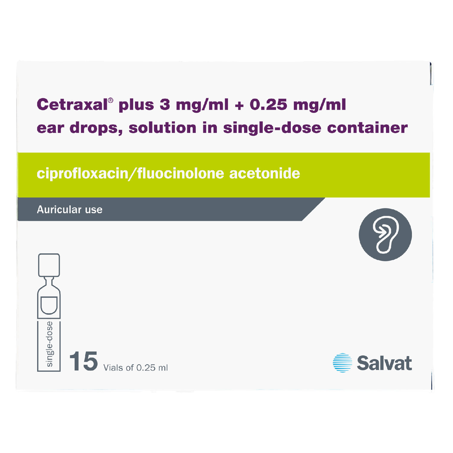 Product Image for Cetraxal Plus Ciprofloxacin 3 mg/ml + Fluocinolone Acetonide 0.25 mg/ml Ear Drops 15 Vials