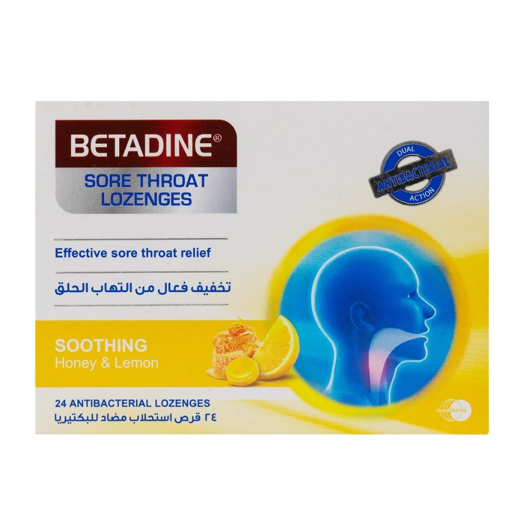 Betadine Antibacterial Lozenges For Sore Throat With Honey & Lemon, Pack of 24's