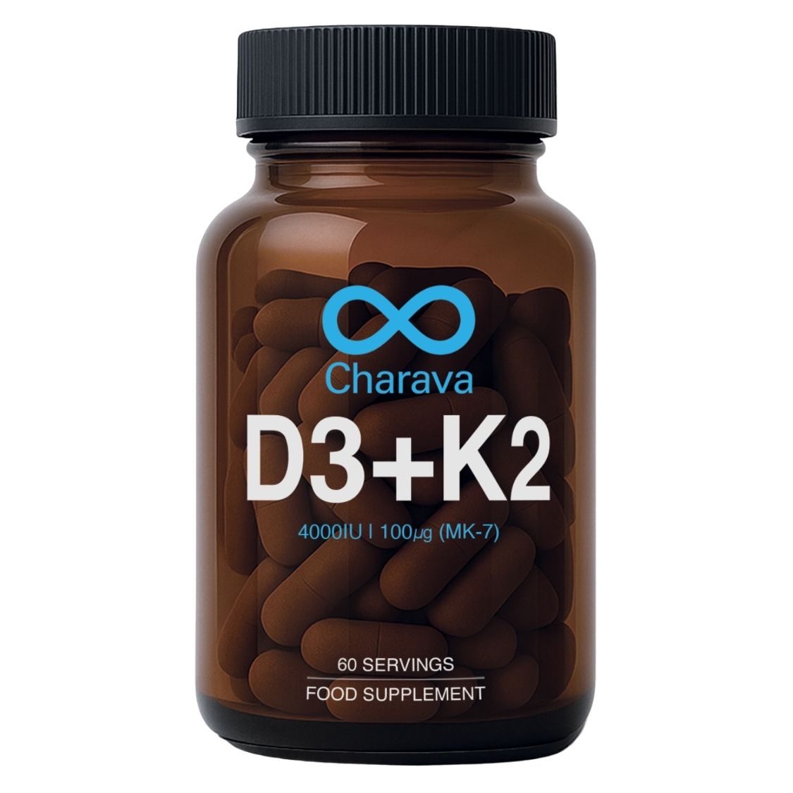 Charava 4000IU Vitamin D3 + 100µg K2 Supplement Capsules, Pack of 60's